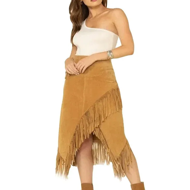 Trendy Asymmetrical Women Fringe Leather Skirt