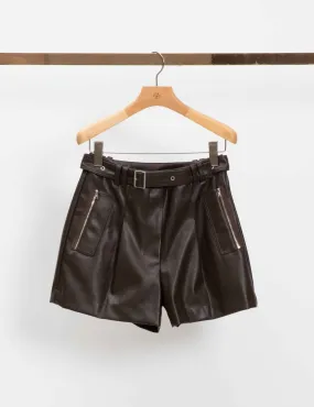 Vegan Leather Belted Waist Utility Shorts