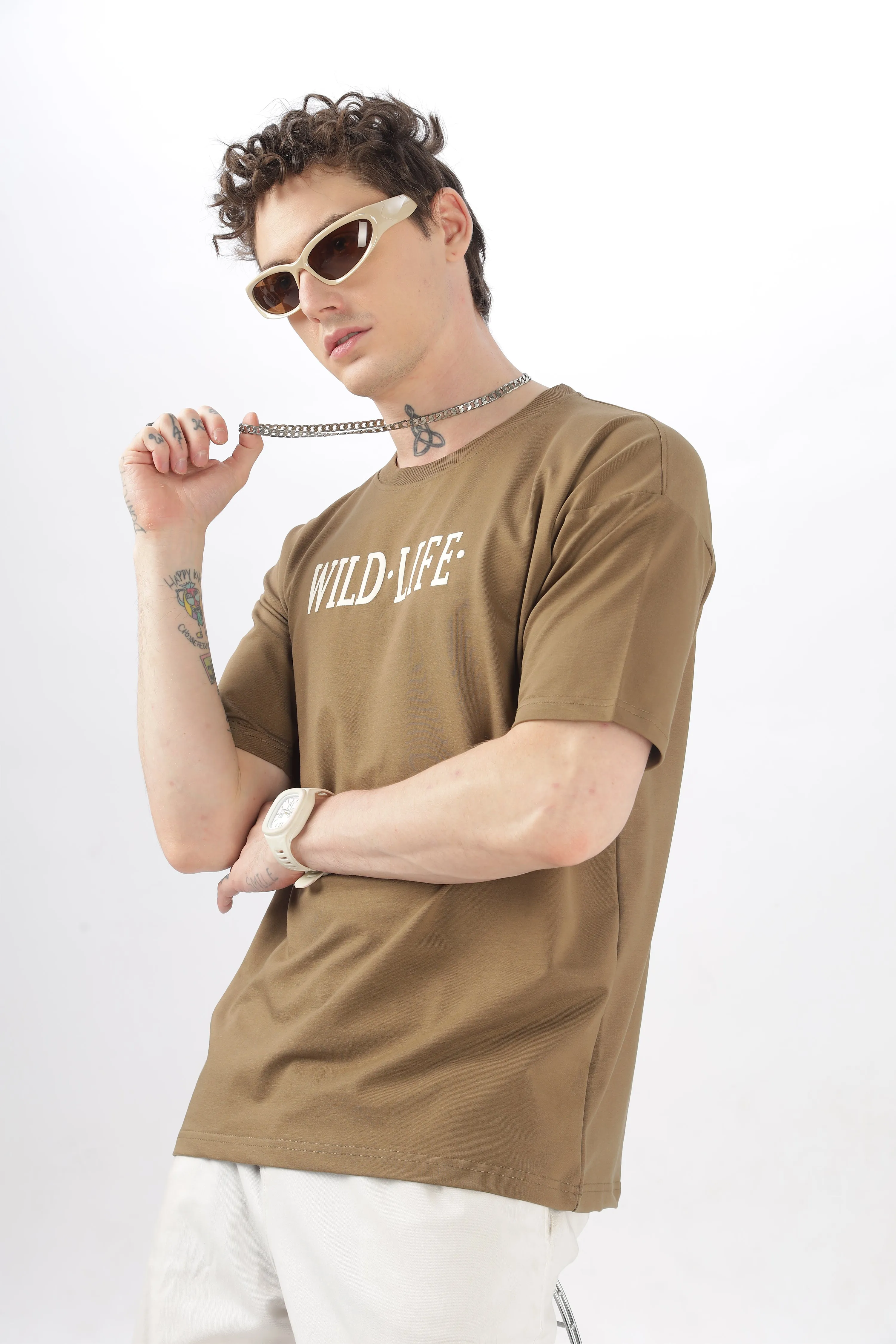 Wild Life Printed Khaki T-Shirt