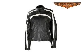 Womens Racing Leather Jacket With Off White Stripes