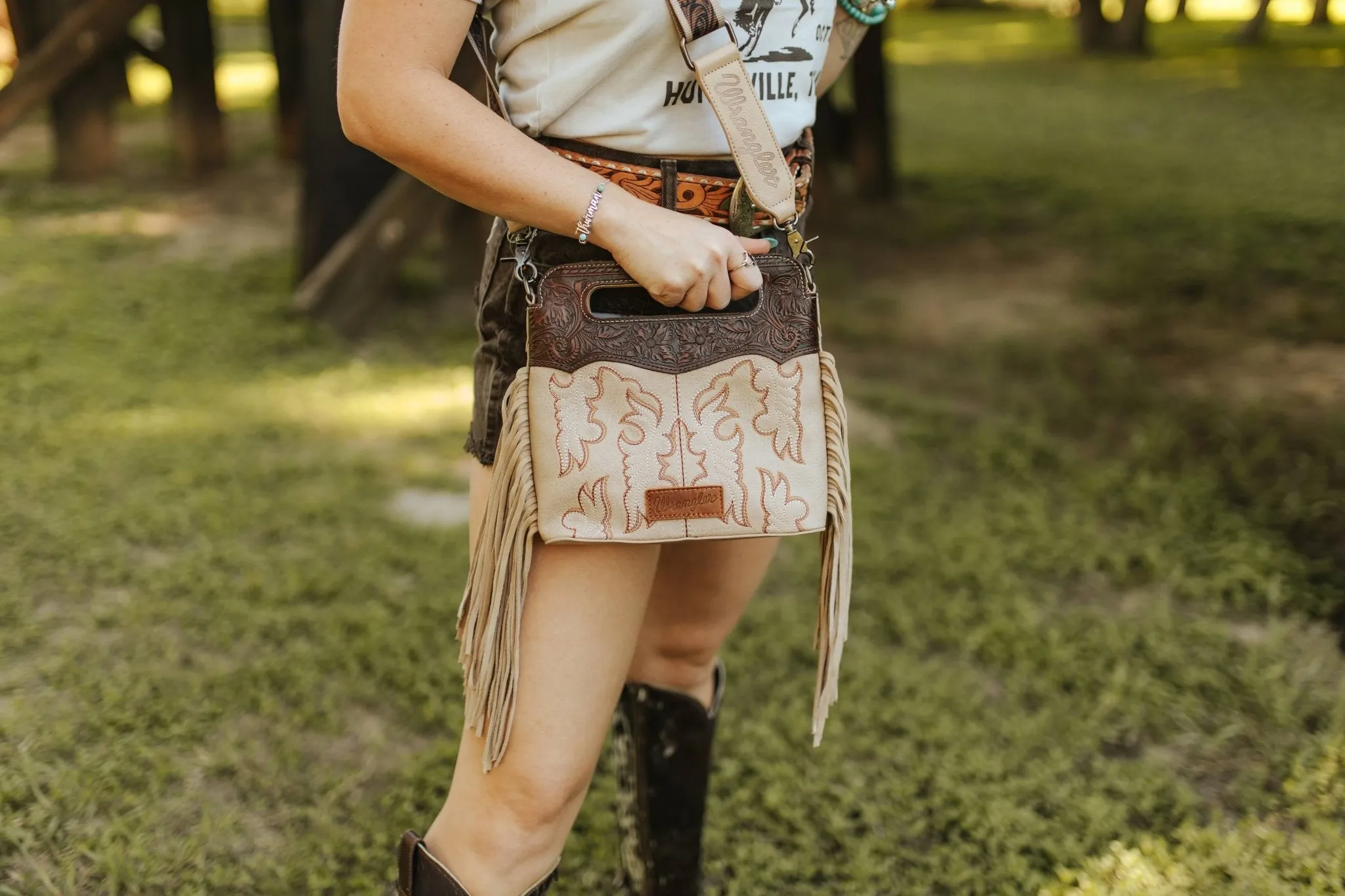 Wrangler Tooled Fringed Crossbody Bag