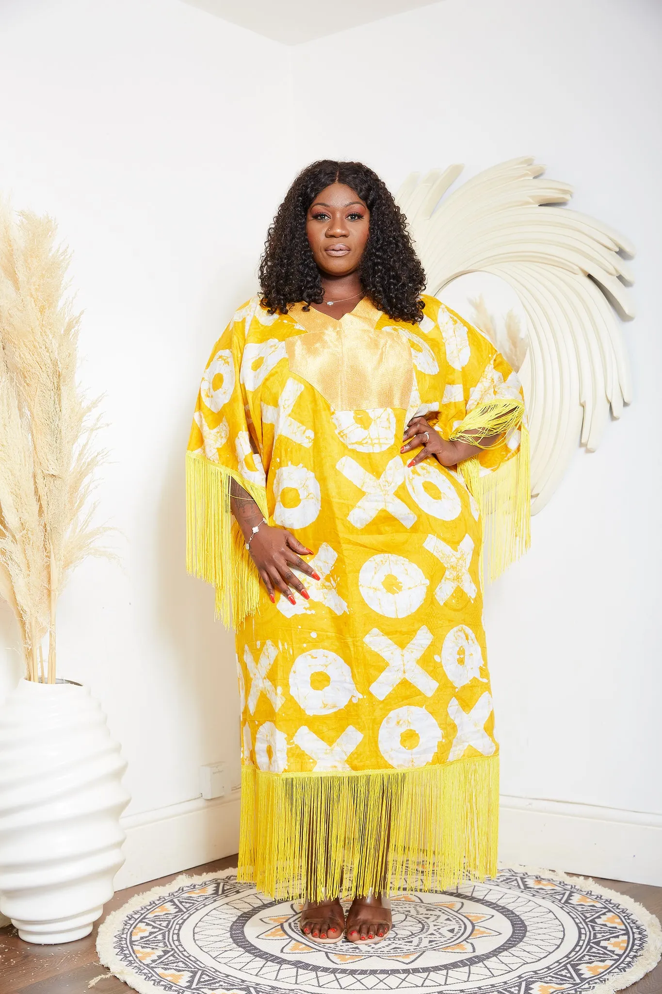 Yellow Kampala Adire Kaftan Boubou Fringe Dress - Chioma