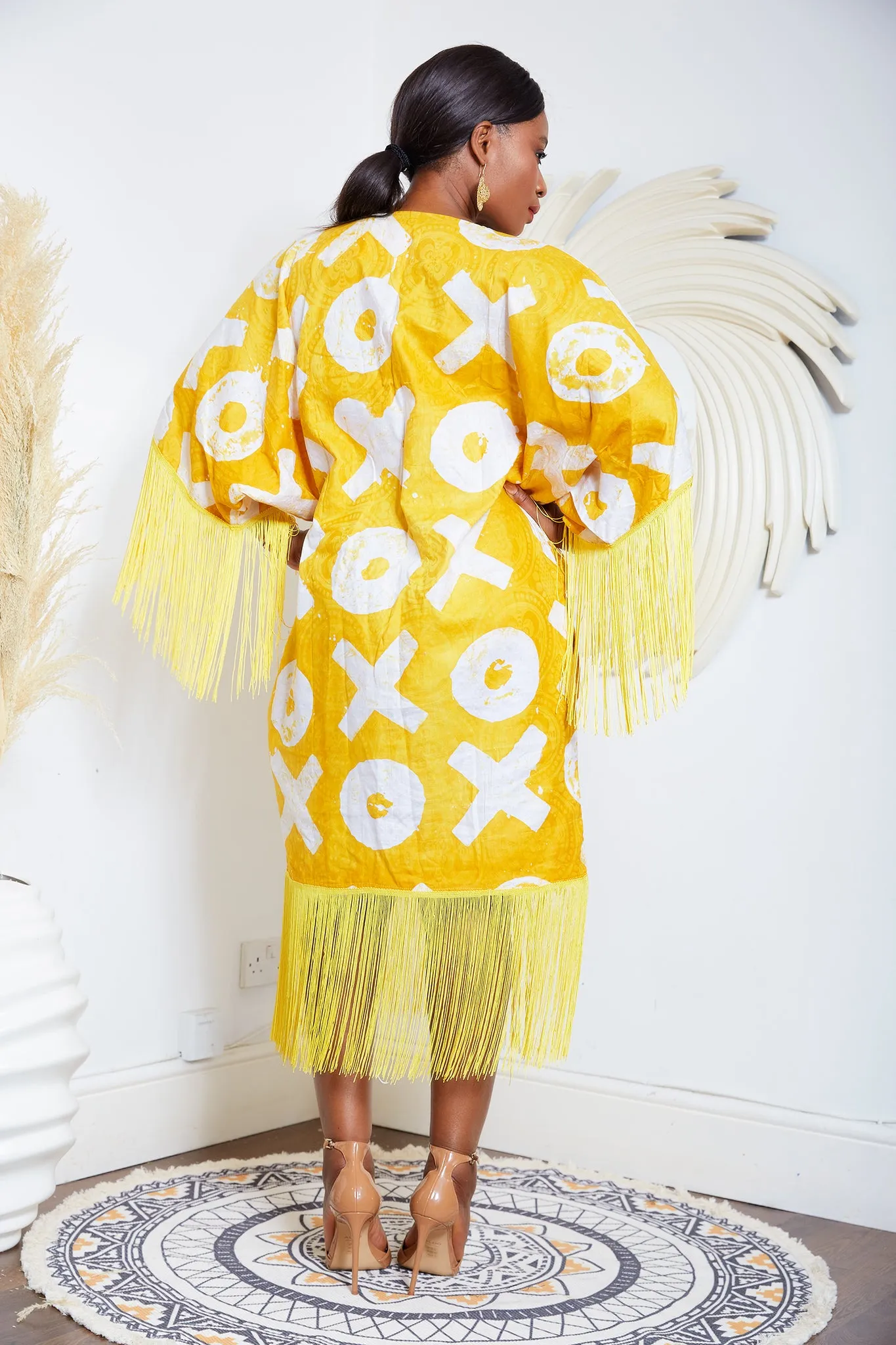 Yellow Kampala Adire Kaftan Boubou Fringe Dress - Chioma