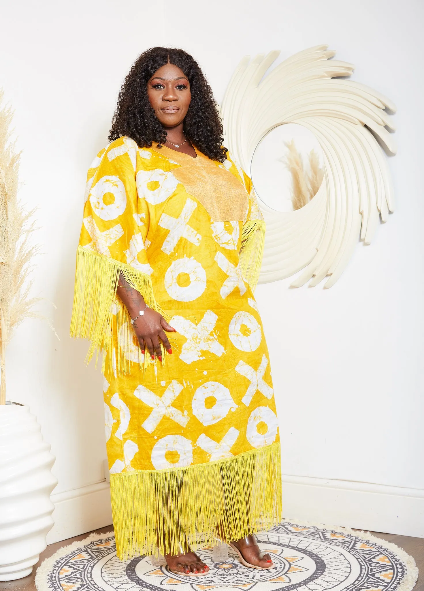 Yellow Kampala Adire Kaftan Boubou Fringe Dress - Chioma