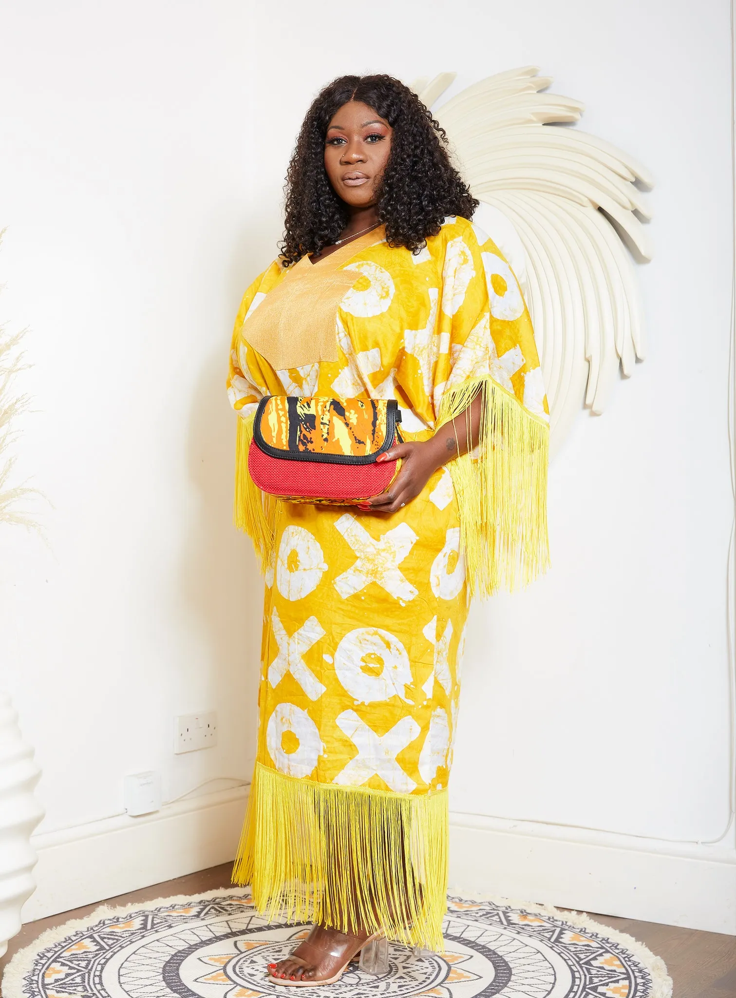 Yellow Kampala Adire Kaftan Boubou Fringe Dress - Chioma